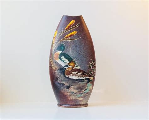 Vintage Scandinavian Pottery Vase With Ducks And Bulrush Decor By