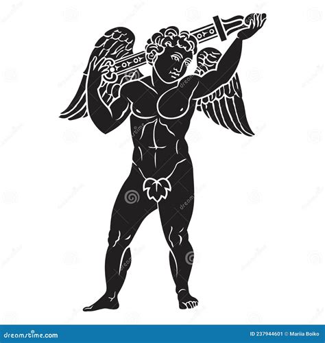 Ancient Greek Cupid With Sword Winged Goddess Illustration Black Stock