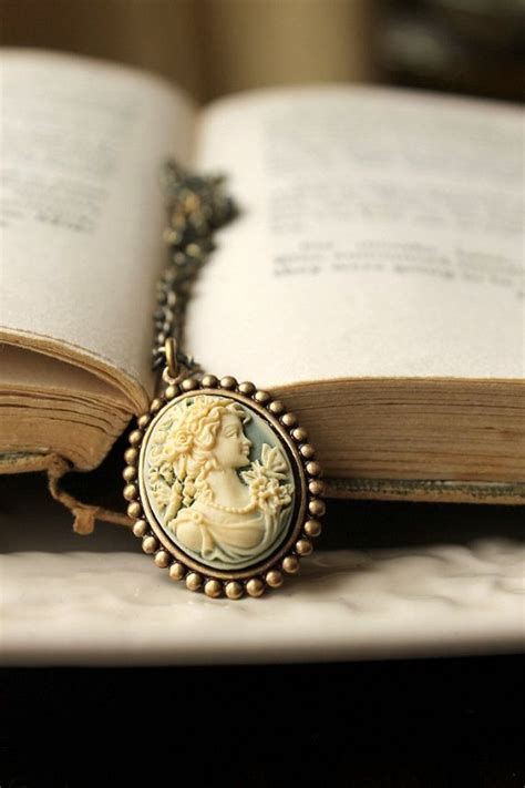 Cameo Necklace Antiqued Brass Chain Pale Green And Cream Etsy