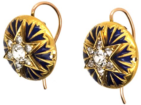 Victorian 18ct Gold Star Enamel And Diamond Round Earrings 271k The