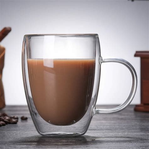 double walled glass mug insulated glass coffee cup thermo glass cup with handle double glass