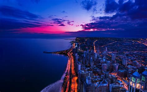 Chicago Sunset Coast Lights Cityscape Wallpapers Hd Desktop And