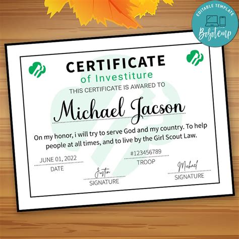 Girl Scout Investiture Certificate Customizable Template Instant Createpartylabels