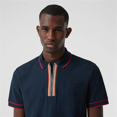 Icon Stripe Detail Cotton Zip Front Polo Shirt In Navy Men Burberry