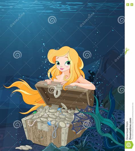 Cute Mermaid Over A Treasure Chest Stock Vector Illustration Of