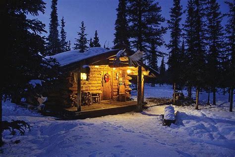 Interior Alaska Log Cabin Forest Winter Porch Light Snow Sky Dusk Log