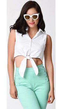 White Button Up Cotton Collared Tie Sleeveless Crop Top With Images