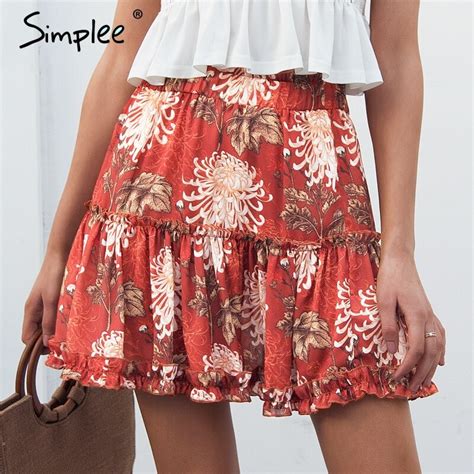 Simplee Boho Floral Print Mini Skirt Elastic Waist Tiered Ruffle Short