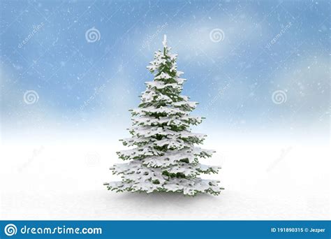 Christmas Tree And Falling Snow Blue Sky Stock Image Image Of