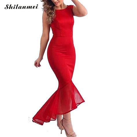Sexy Sleeveless Off Shoulder Maxi Mermaid Dresses Women Mesh Patchwork Balck Red Skinny Party