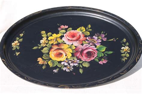Large Oval Tole Tray Hand Painted Vintage Metal Serving Table Tray W