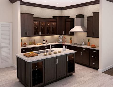 Gray laminate wood flooring for bedroom. Kitchen. L Shaped Dark Brown Wooden Kitchen Cabinet And ...