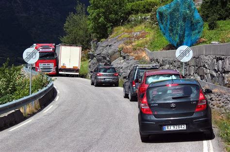 Traffic Jam On A Narrow Road Near Ullensvang Norway Editorial