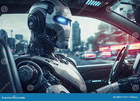 Humanoid Robot Driving Autonomous Car Future Technology Concept Stock