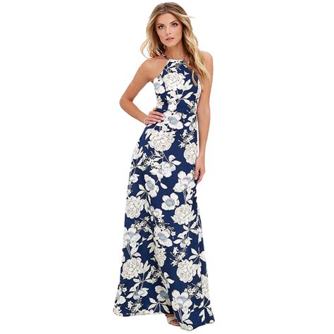 2018 sexy women boho long dress floral print sleeveless maxi summer dress halter neck holiday