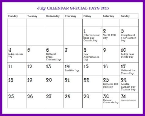 2016 July Calendar Of Special Days And Holidays For Curriculum Planning