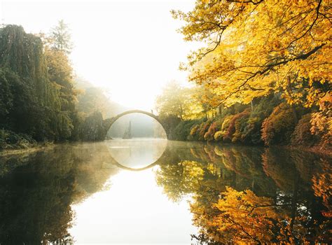 Nature Landscape Fall River Leaves Hill Trees Reflection Yellow Grass