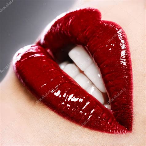 Beautiful Female With Red Shiny Lips Close Up Stock Photo By Fotorince