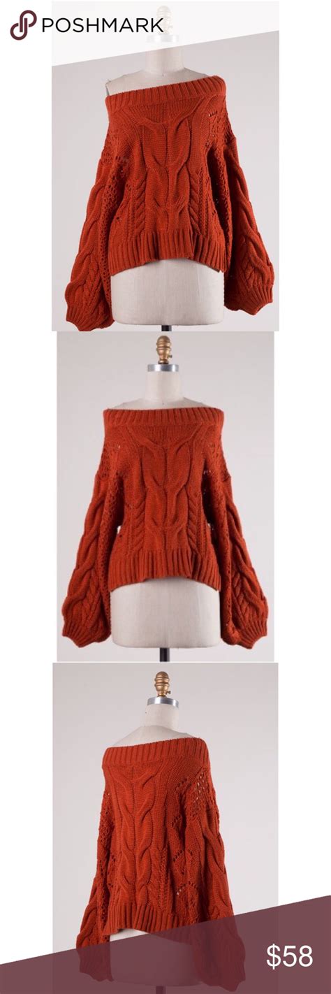🆕rust Cable Knit Off Shoulder Puff Sleeve Sweater New With Tags