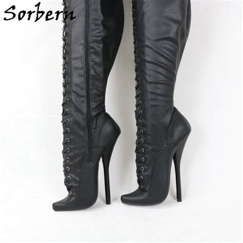 sorbern sexy ballet high heel boots long mid thigh high matt black lace up