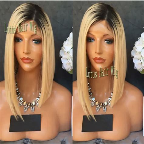 Synthetic Lace Front Wig Ombre Blonde Straight Short Bob Wigs Dark
