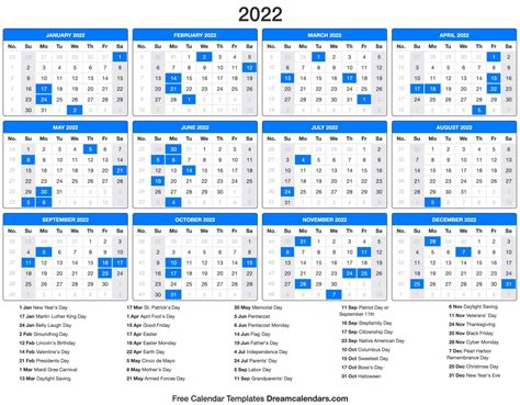 2022 Calendar With Holidays List