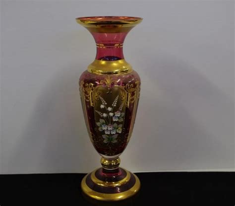 Vintage Red Venetian Glass Vase With Gilding And Floral Decoration Venetian Murano Glass