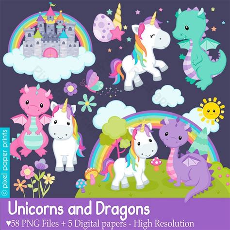Unicorns And Dragons Clip Art — Pixelpaperprints