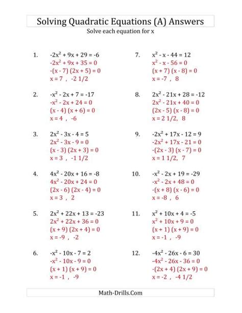 Solving Quadratic Equations Using The Quadratic Formula Work