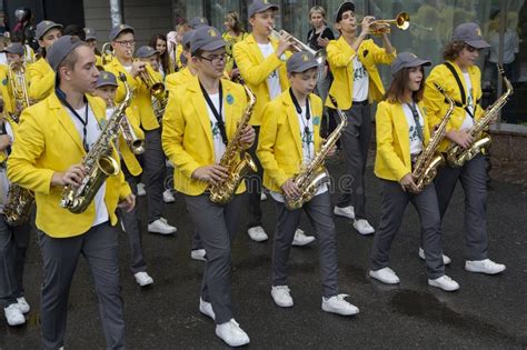 Kiev Ukraine May 19 2018 Brass Band Marching At A Music Festival