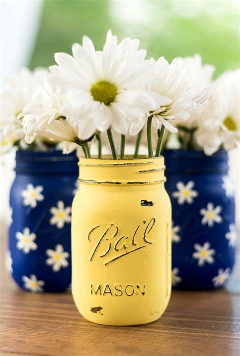 Daisy Painted Mason Jars Cobalt Blue And Yellow Painted Etsy