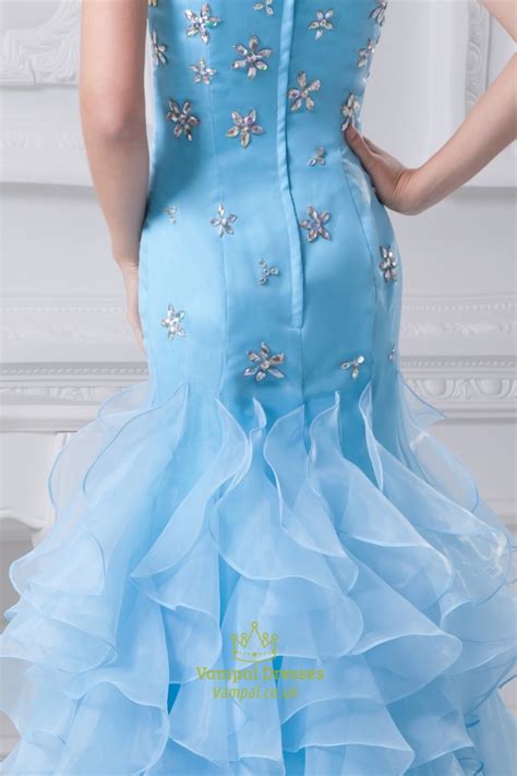 Aqua Blue Mermaid Prom Dress Strapless Beaded Long