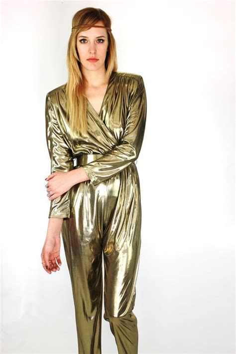 Vintage 80s Gold Lame Jumpsuit Romper One Piece By Thefoxcartel
