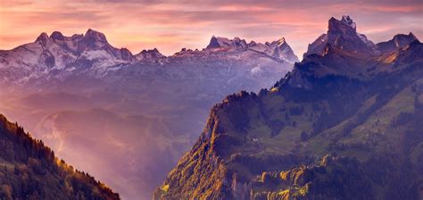 Nature Landscape Swiss Alps Mountains Snowy Peak Forest Mist Sunlight