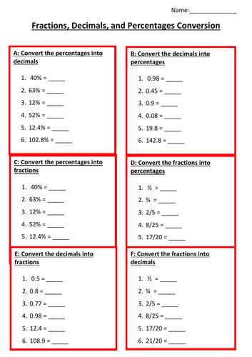 Fractions Decimals And Percentages Differentiated Worksheet Teaching