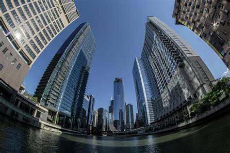 A Fisheye View Of The Chicago Skyline As You Appraoch Wolf Point