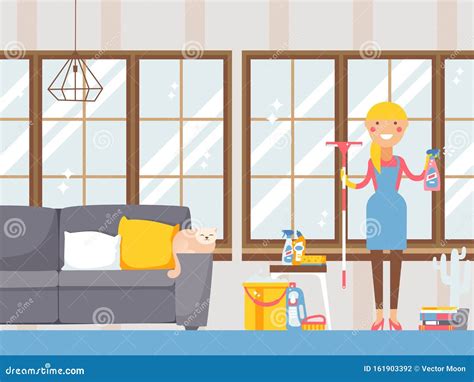 Housewife Cleaning Apartment Vector Illustration Smiling Woman In