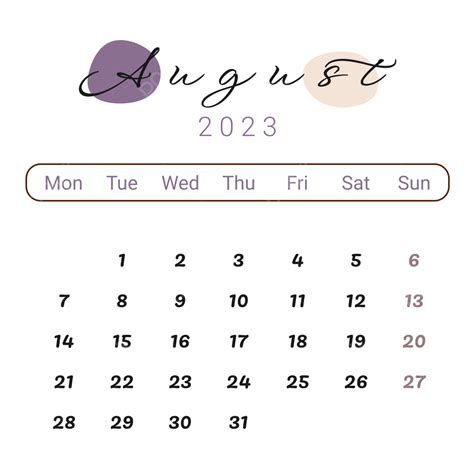 Aesthetic August 2023 Calendar With Purple Blobs August 2023 Agustus