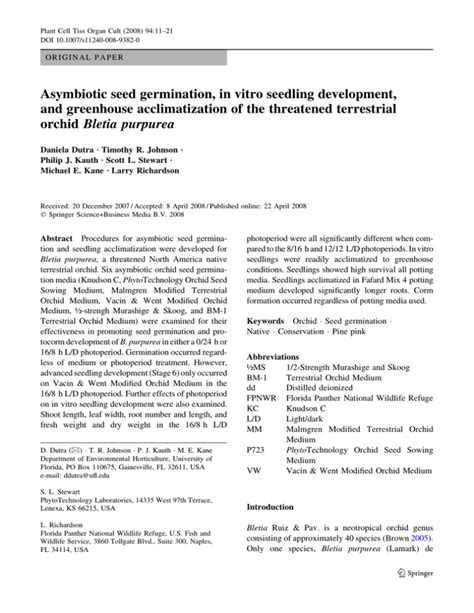 Asymbiotic Seed Germination In Vitro Seedling Development