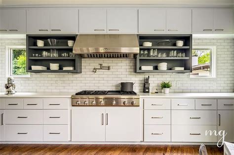 Light Gray Flat Front Kitchen Cabinets With Dark Gray Shelves