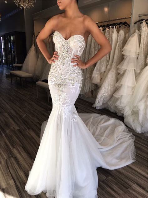 fashion sweetheart white tulle wedding dress with beading bodycon mermaid sleeveless bridal