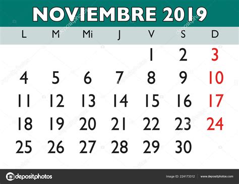 November Month Year 2019 Wall Calendar Spanish Noviembre 2019