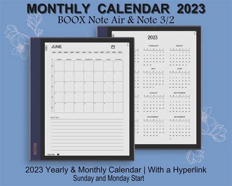 Boox Note Air Monthly Calendar 2023 Hyperlinked Pdf Compatible With