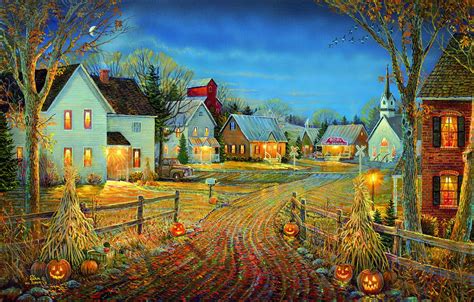 A Country Town In Autumn Halloween Folk Art