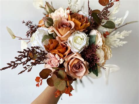 Burnt Orange And Ivory White Fall Bouquet Small Fall Wedding Etsy