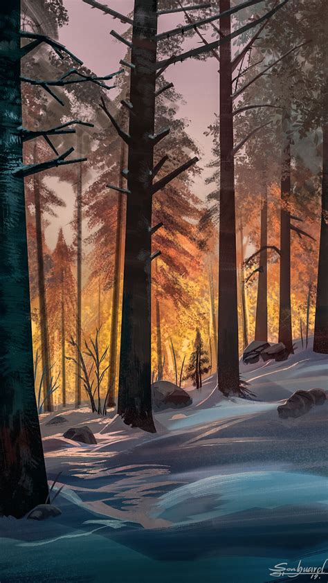 Download Wallpaper 2160x3840 Forest Trees Snow Landscape Art