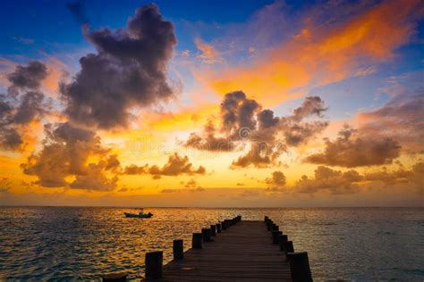 Riviera Maya Pier Sunrise In Caribbean Mayan Stock Photo Image Of