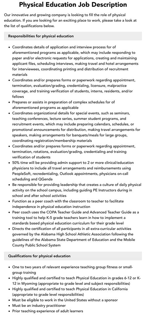 Physical Education Job Description Velvet Jobs