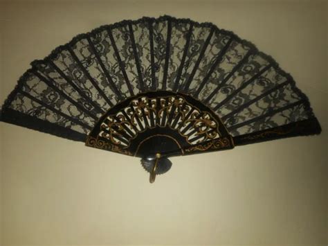 Antique French Victorian Folding Hand Fan Varnished Black Lace Gold