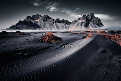 Grayscale Photo Of Desert Iceland Landscape Nature Dark Mountains